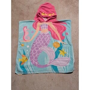 Kids Mermaid Hooded Poncho Bath Beach Towel Blue Pink Cotton Wrap 24"x24"